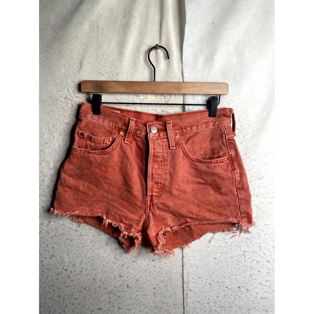 Levi's 501 Premium Shorts Womens 28 Rust Orange Denim Mid Rise Preppy Frayed Hem